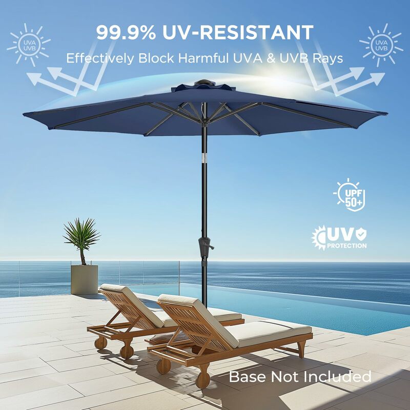 Parapluie d'extérieur de 9 pieds, protection UV UPF50 + avec bouton poussoir inclinable, 8 nervures robustes (bleu marine)
