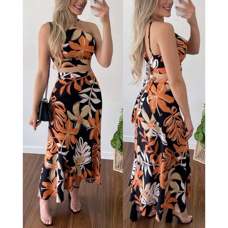 Women Floral Print Spaghetti Strap Top & Tied Detail Midi Skirt Sets Female Casual Two Piece Dress Sets For Woman Summer Clothes