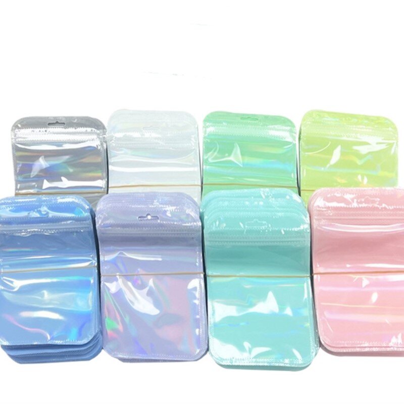 Holográfico Laser Transparente Plástico Zipper Jewelry Bag, Bolsa para Armazenamento de Presentes, Suprimentos de Embalagem para Pequenas Empresas, 50Pcs