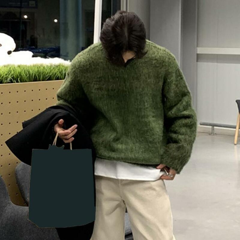 Men Sweater Cozy Retro Knitted Men's Sweater with Long Sleeve Pullover Warm Elastic Mid Length Design for Fall Winter Men Fall