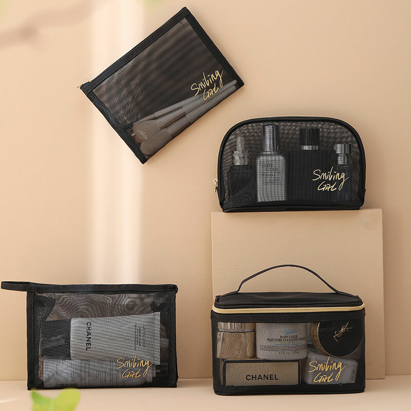 Bolsa cosmética de malha portátil para mulheres Sacos de maquiagem de malha Mesh Zipper Pouch Sacos de armazenamento de viagem Sacos de higiene pessoal