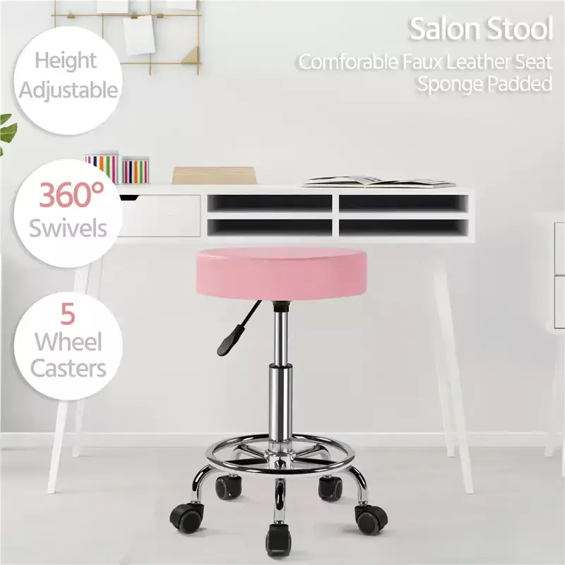 SmileMart Adjustable Leather Salon Stool with Wheels for Medical/Tattoo, Pink Bar Stools  Dining Chair  Bar Stools for Kitchen