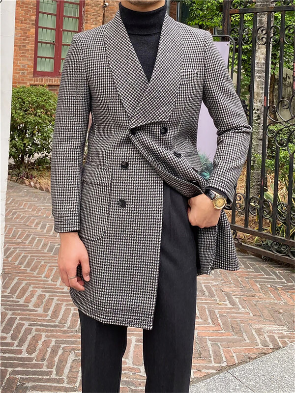 Abrigo largo de lana para hombre, chaqueta ajustada de doble botonadura, cortavientos, Blazer único para oficina y negocios, moda de invierno