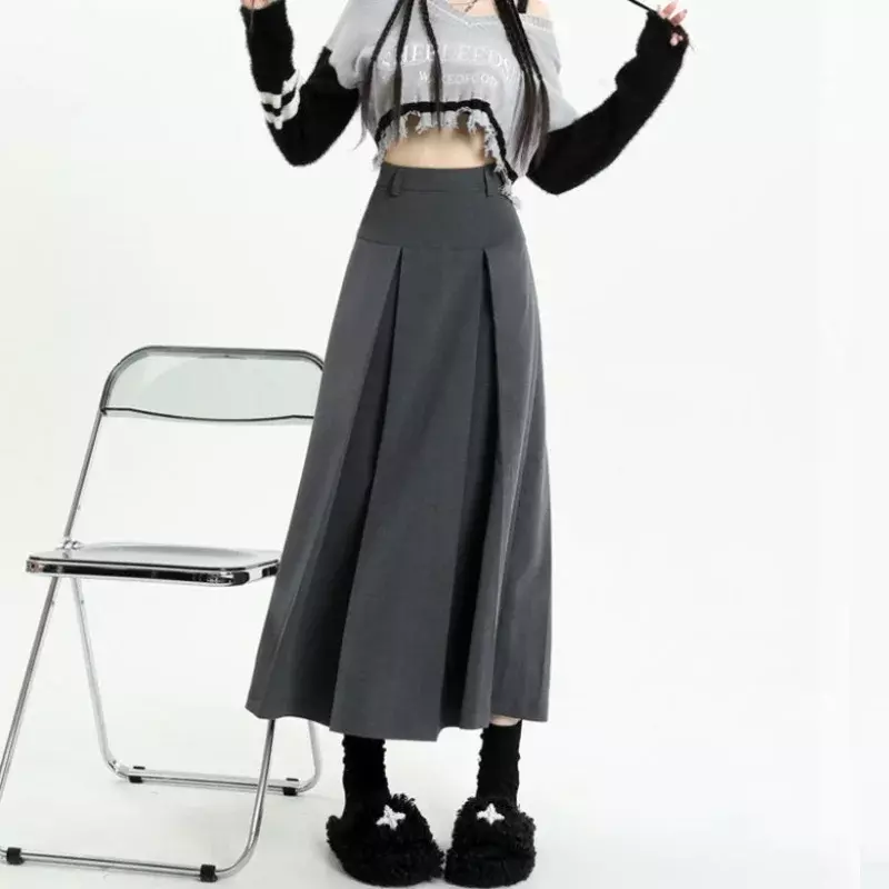 Vintage Grey Medium Length Skirts Women Spring Summer High Waist Pleated Umbrella Skirt Fashions Y2k Female Korean Style Clothes