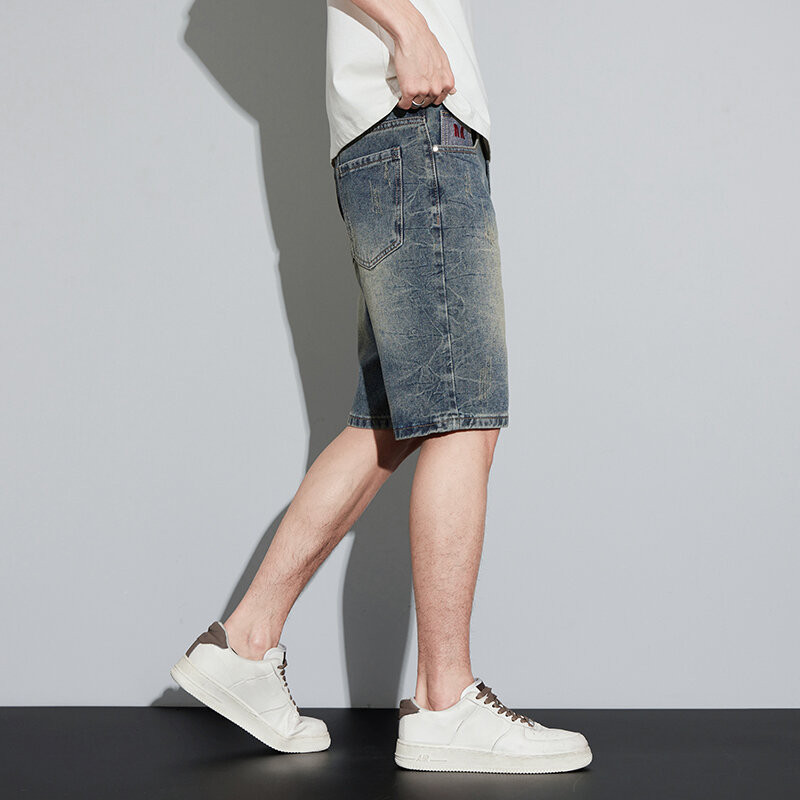 Short en jean bleu rétro pour homme, pantalon droit, slim, vintage, longueur au genou, poches à la mode, été, 2024