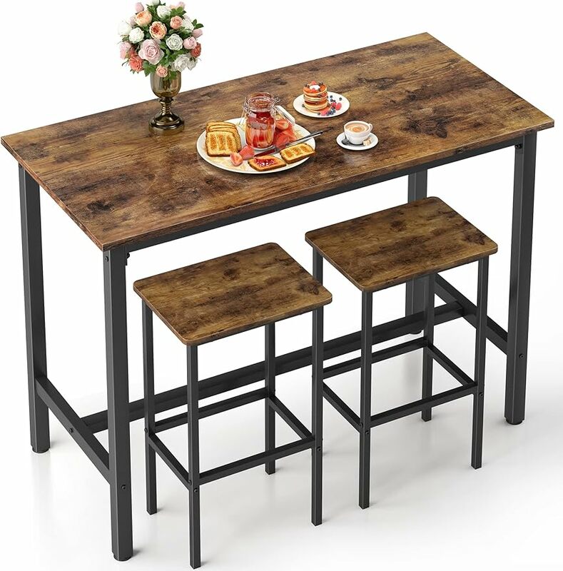 Mr IRONSTONE Bar Table and Chairs Se,Bar Height Table with 2 Bar Stools, 3 Pieces Industrial Dinning Table Sets for Party