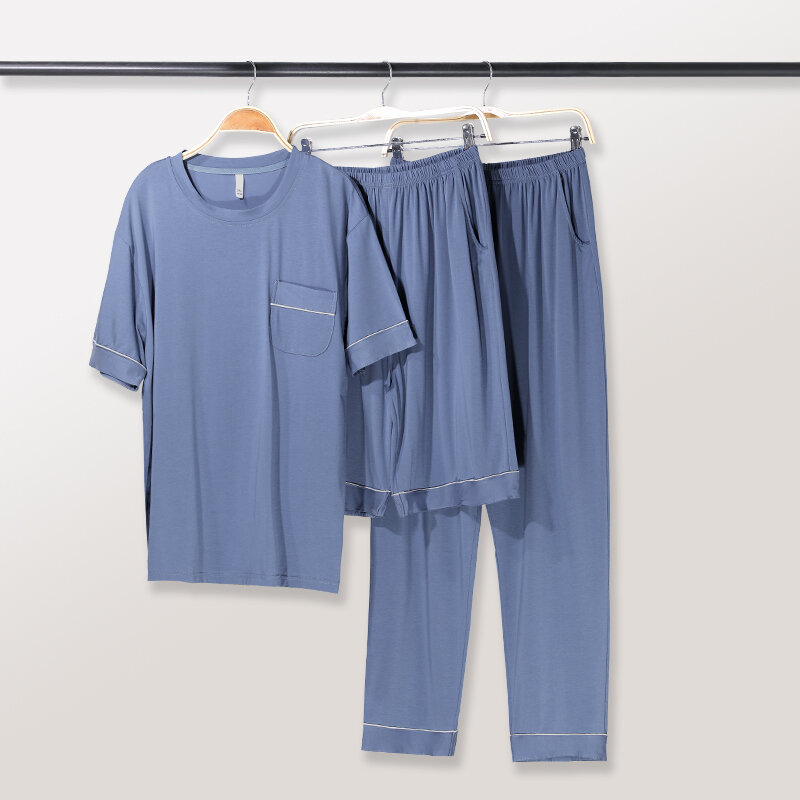 Set piyama L-5XL ukuran Plus Pria, baju tidur lembut musim panas 3 potong, atasan tidur pendek & celana pendek & celana panjang Hombre
