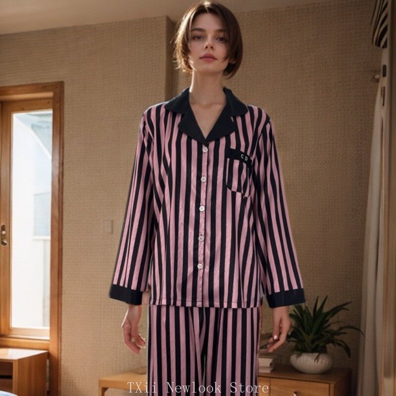 Cool and breathable ice silk pajamas, women's set with pink and black stripes, loose fitting women's spring thin home clothing
