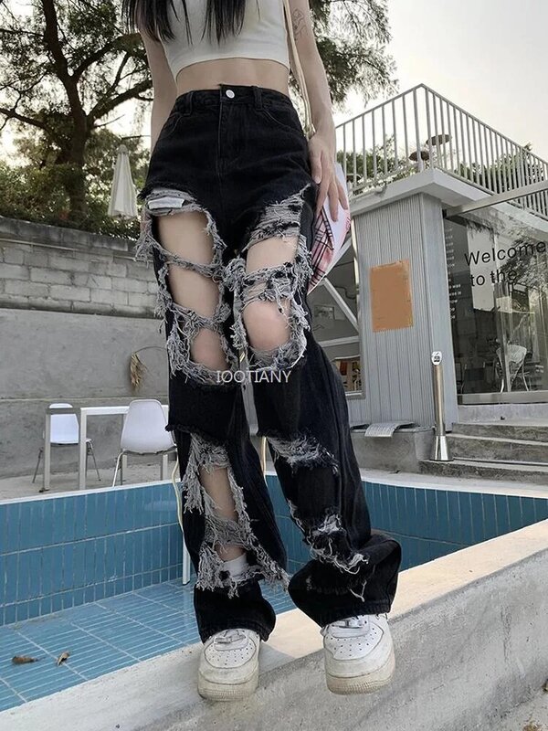 New Women Hollow Out Streetwear Denim Pant Hole Loose Dragging Wide-leg Jeans American Retro High Waist Female Straight Trousers
