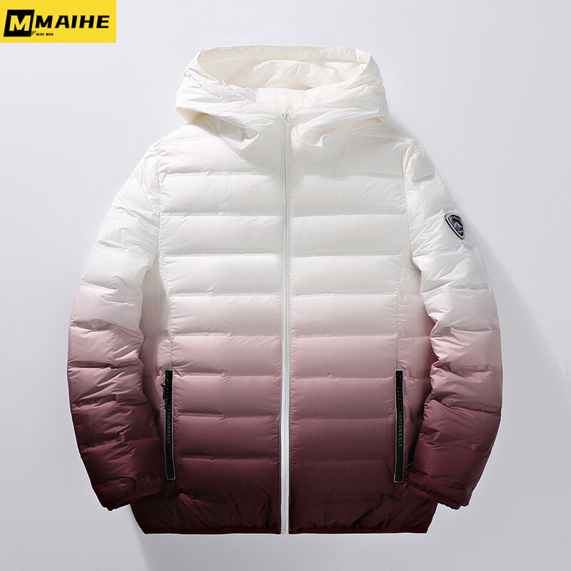 High-end winter down jacket men can pack light ribs gradient white duck down coat Korean fashion men's and women's hooded jacket