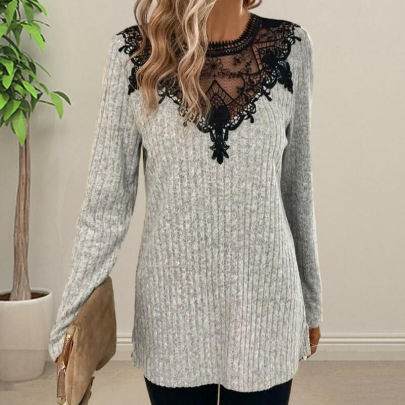 Mid Length Top Stylish Lace Patchwork Women's Pullover Blouse for Fall Spring Round Neck Long Sleeve Warm Top with Hollow Out