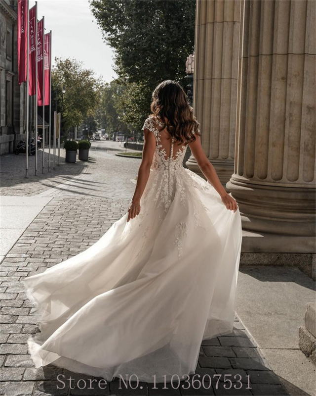 Gaun pernikahan kain Tule berenda Applique tangki V-neck putri untuk pengantin wanita A-line Court Sheer Back gaun pengantin pengantin vestidos de novia