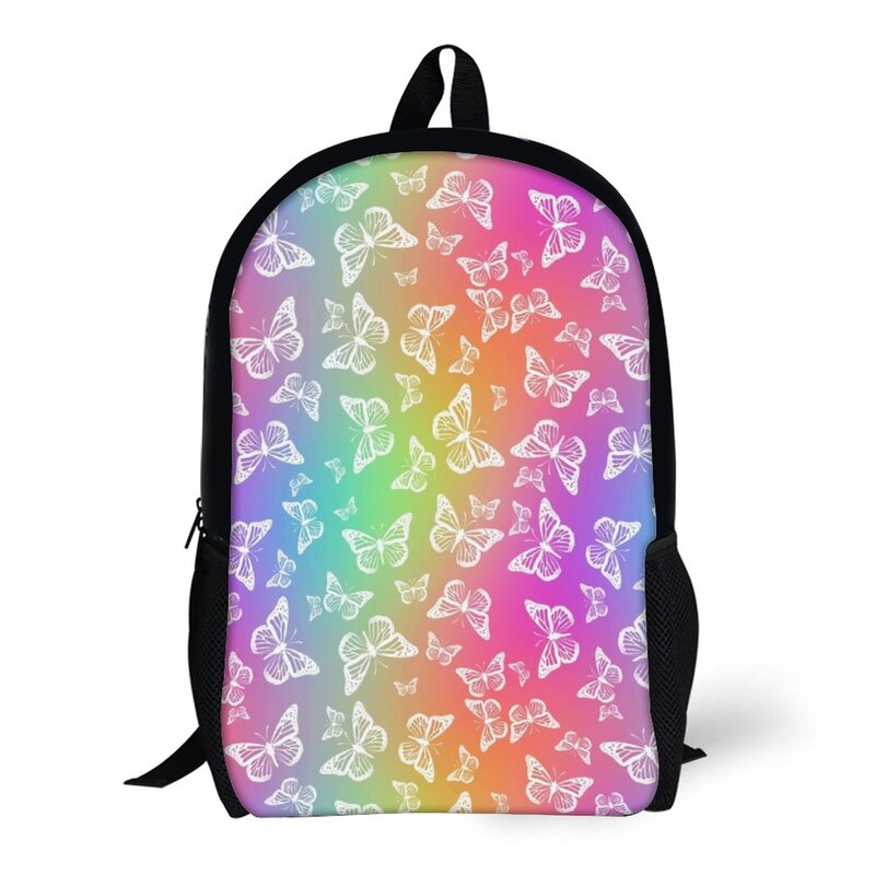 무지개 프린트 흰색 나비 학교 가방, 십대 어린이 배낭, 소년 소녀 다채로운 패턴 학생 학교 가방, 캐주얼 배낭