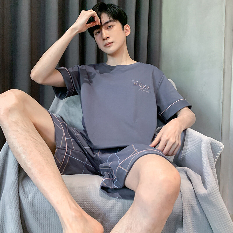 Conjunto de pijama de algodão moda coreana masculina manga curta, roupas domésticas finas, pode ser desgaste exterior, verão, 3XL, 4XL, 2 peças