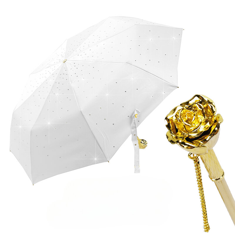 SUNMYHOME® Parasol z rączką w kształcie róży, pełny parasol z kryształkami, krem do opalania, damski parasol przeciwsłoneczny z anty-ultrafioletem, parasol przeciwdeszczowy lub połysk