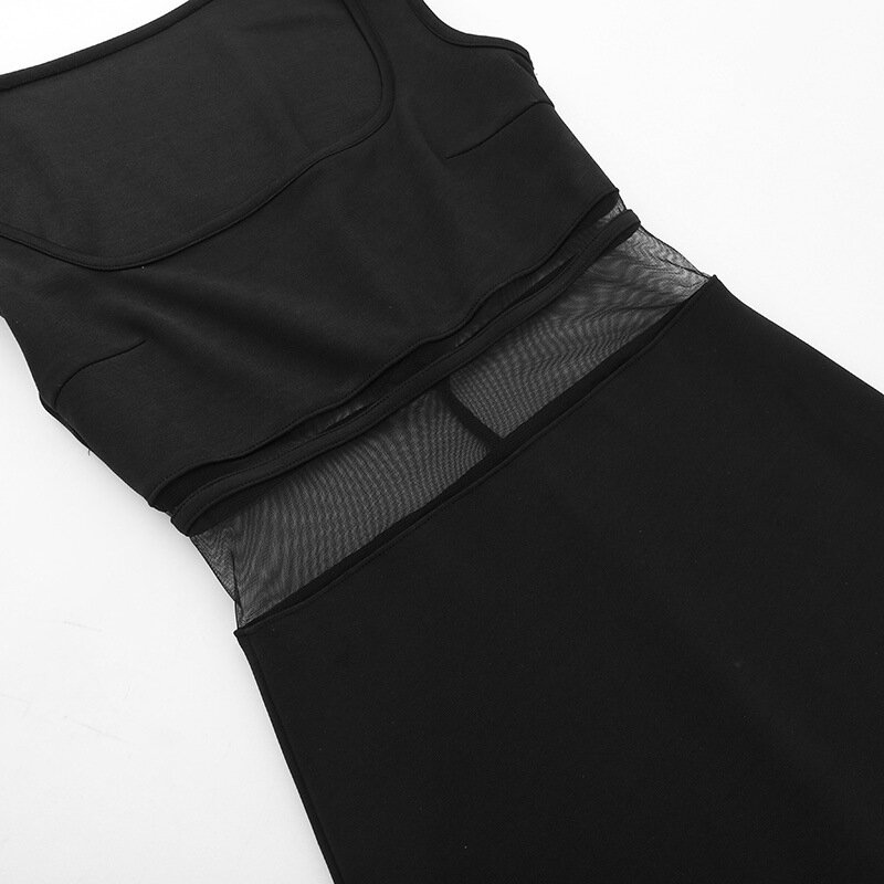 Черное женское платье для выпускного вечера, прозрачное Тюлевое платье средней длины без рукавов на бретелях, облегающее официальное строгое платье