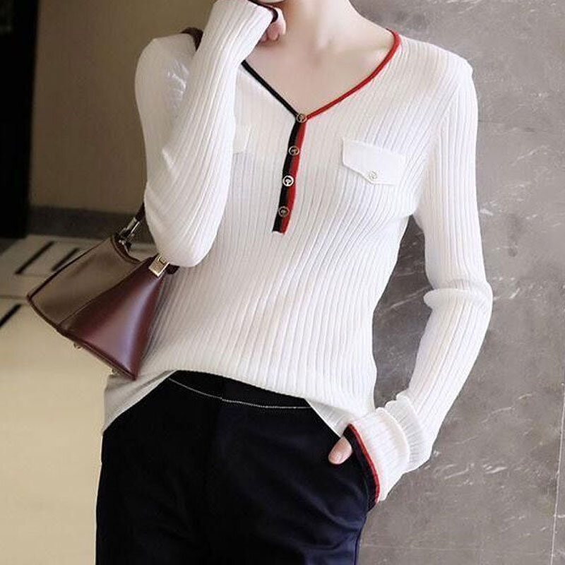 Spring Autumn Women's New Contrasting Colors Pullovers Sweaters V-Neck Slim Long Sleeve Jumpers Undercoat Knitted Fashion Casual