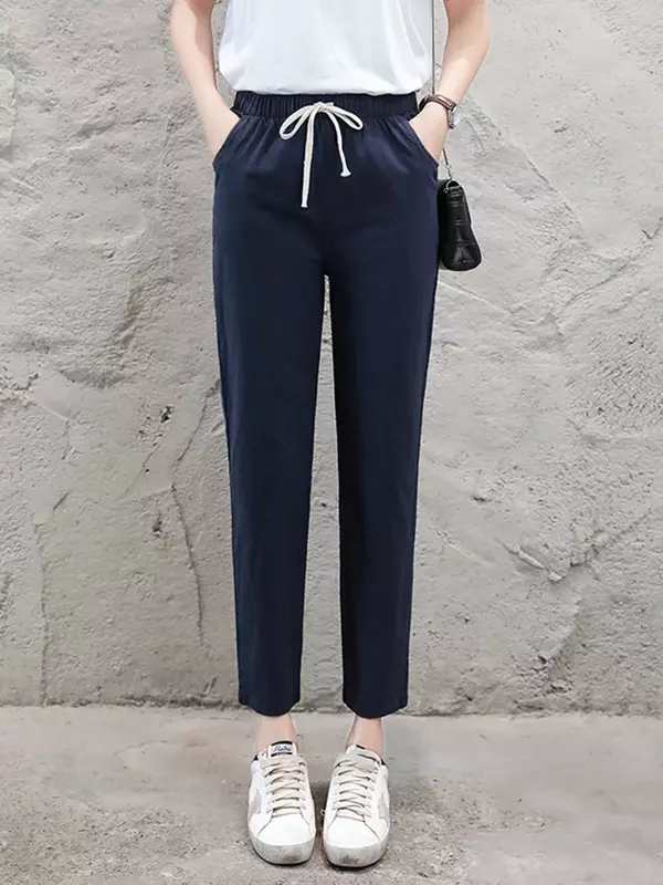 Женские брюки до щиколотки, повседневные однотонные брюки-Капри из хлопка и льна, брюки-карандаш