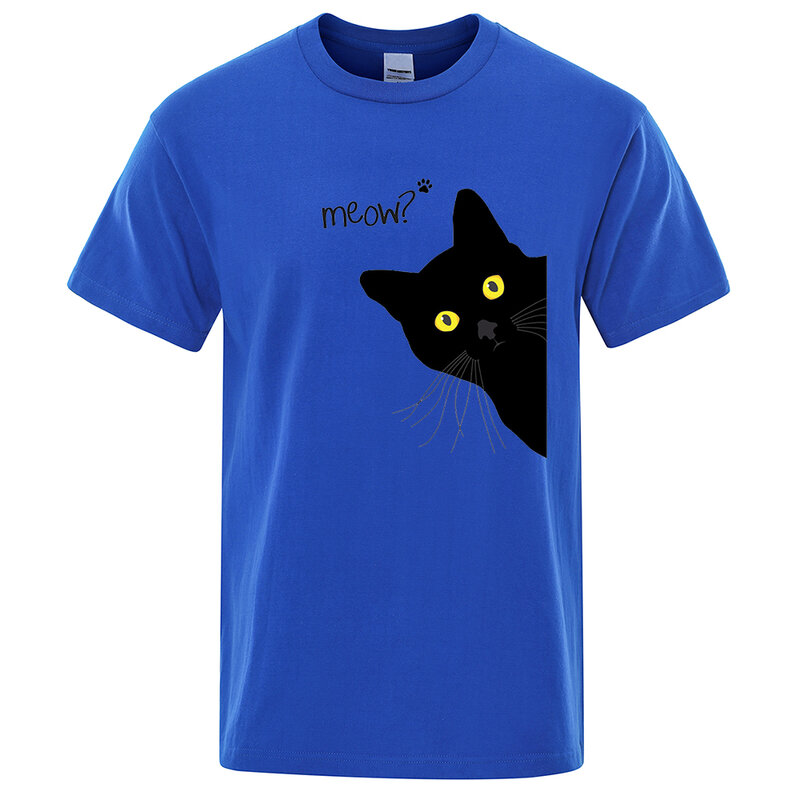 Meow-男性用の黒の猫の面白いプリントTシャツ,通気性のあるTシャツ,夏のストリートウェア,特大のゆったりとした半袖コットンTシャツ