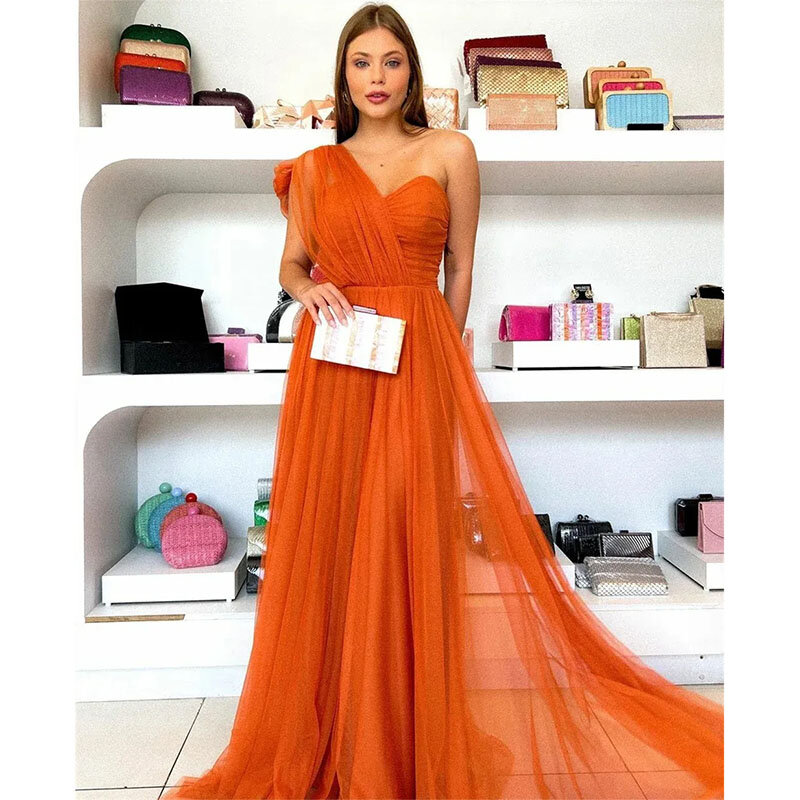 Elegant Orange A-line Evening Dress 2024 One Shoulder Bow Pleats Zipper Back Tulle Floor-Length Prom Formal Party Gowns