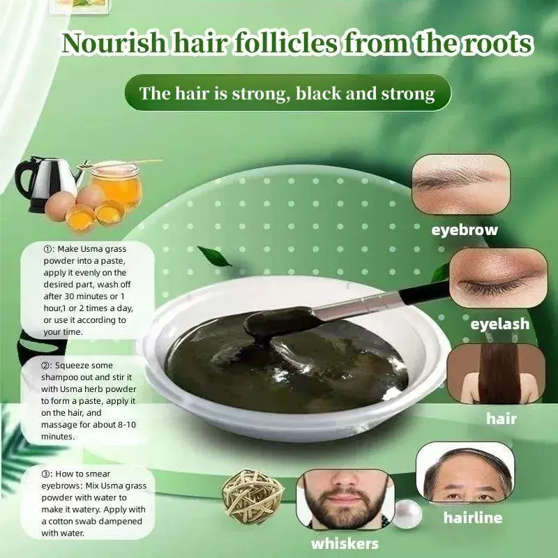 La polvere per capelli in erba Usman promuove la crescita delle radici dei capelli e dell'attaccatura dei capelli, rafforza e ispessisce le ciglia e le sopracciglia