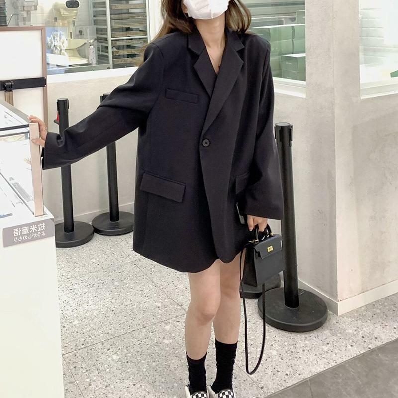 Luksusowy czarny blezer damski garnitur kurtka jesienno-jesienna w koreańskim stylu szykowny z jednym guzikiem i długim rękawem luźny płaszcz biurowa, damska odzież nowość
