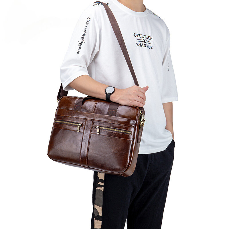 Men's Briefcases Large Capacity Soft Genuine Cowhide Leather Business Casual Laptop Crossbody Messenger Bag
