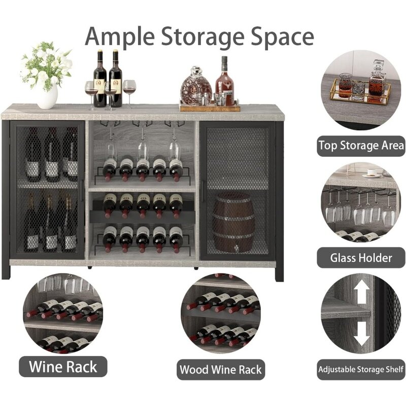 Light Grey Oak Bar armário para segurar bebidas e copos, sala de estar painel lateral, buffet armário com Bar Rack armazenamento, 55"