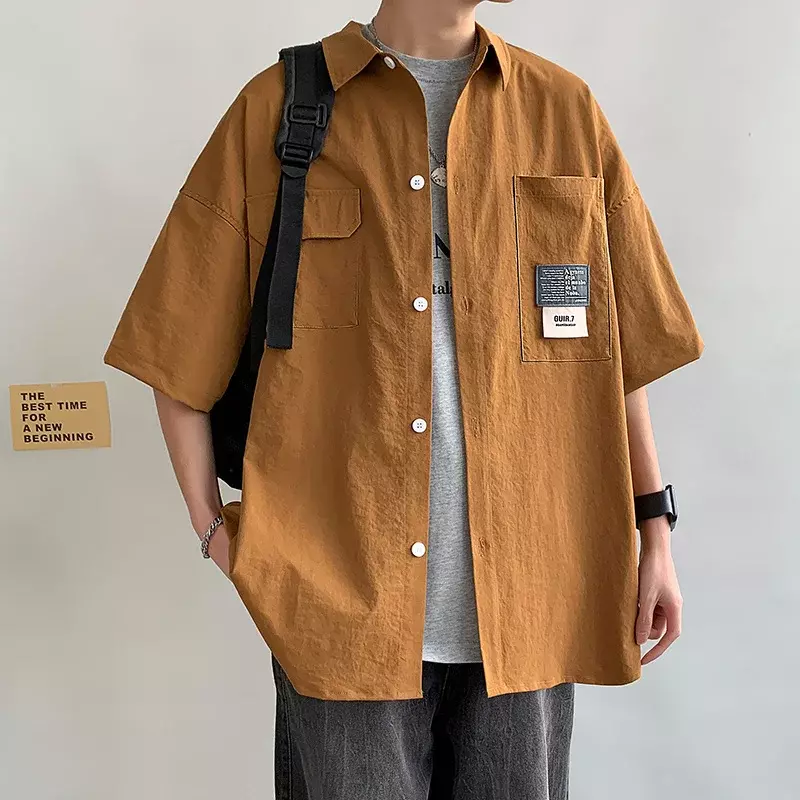 Camisa extragrande manga curta masculina, blusas japonesas casuais de lapela, moda rua alta com vários bolsos, verão