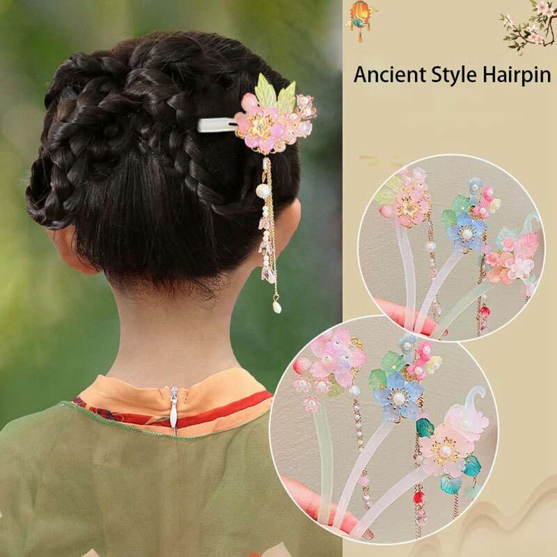 Headwear estilo chinês para crianças, Tassel Pearl, Hairpin estilo antigo, Headwear, Hanfu Hair Sticks, forma de U
