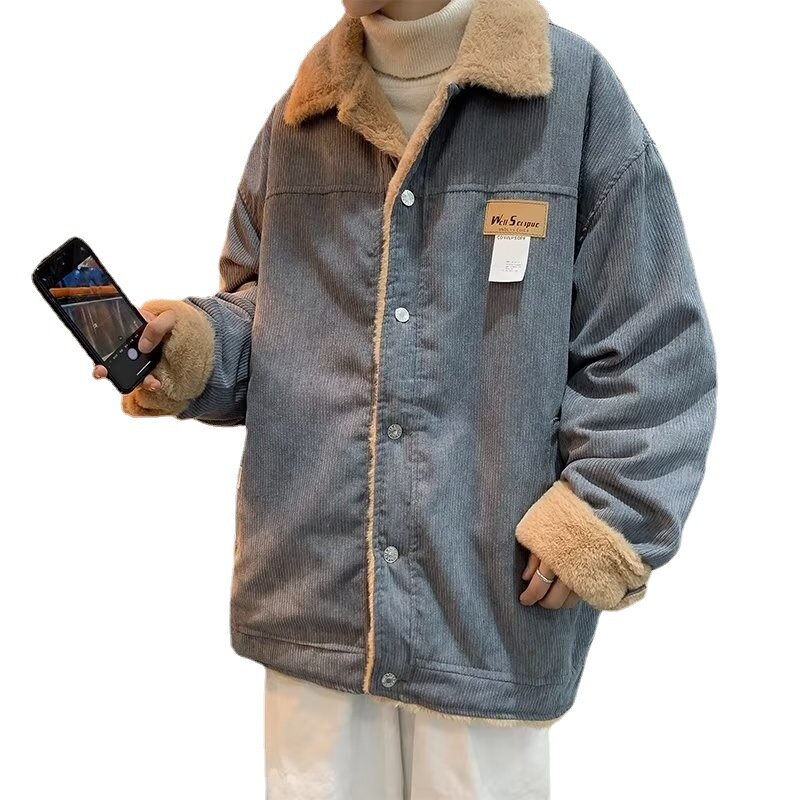 Abrigo de algodón de lana de cordero para hombre, abrigo informal suelto de felpa y solapa gruesa, abrigo versátil de marca de moda de estilo Hong Kong