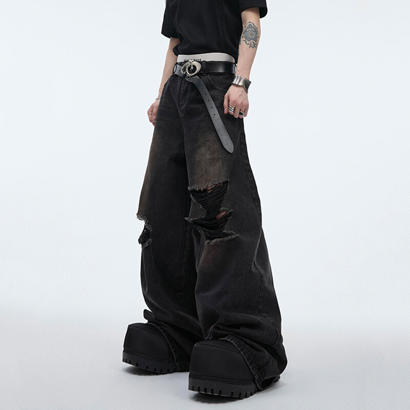 Джинсы FEWQ мужские с вышивкой дракона, стильные свободные штаны из денима с широкими штанинами и сломанной бахромой, лето 2024
