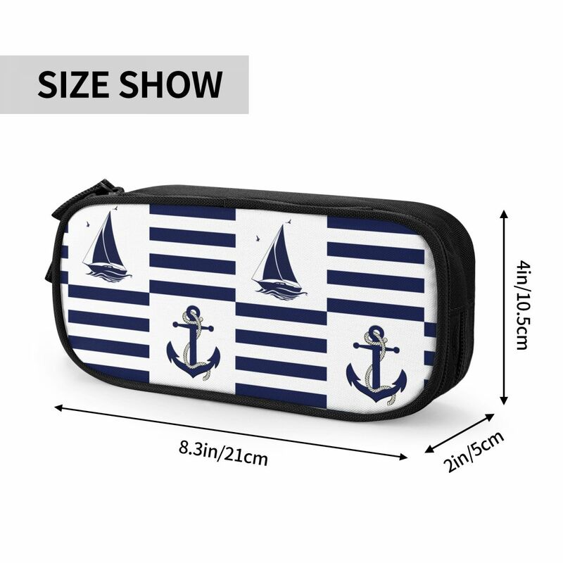 Nautical Navy Anchor Sailboat Navy Blue Stripe Pencil Cases Pencilcases Pen Box for Student Bag School Supplies Gifts Stationery