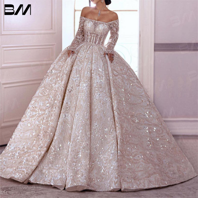 Роскошное Свадебное платье с открытыми плечами и длинным рукавом, блестящая аппликация, женское платье невесты 2024