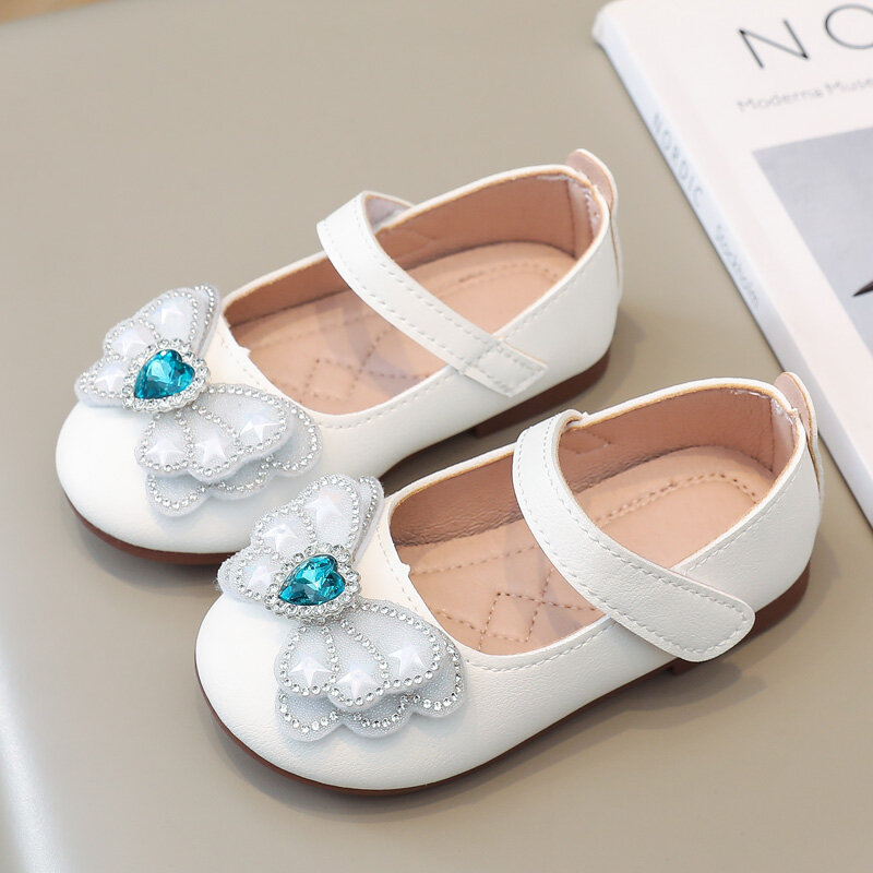 Kids Leather Shoes Princess Sweet Baby Girls Casual Flats for Wedding Party Rhinestone Butterfly Crystal Heart Fashion New Soft
