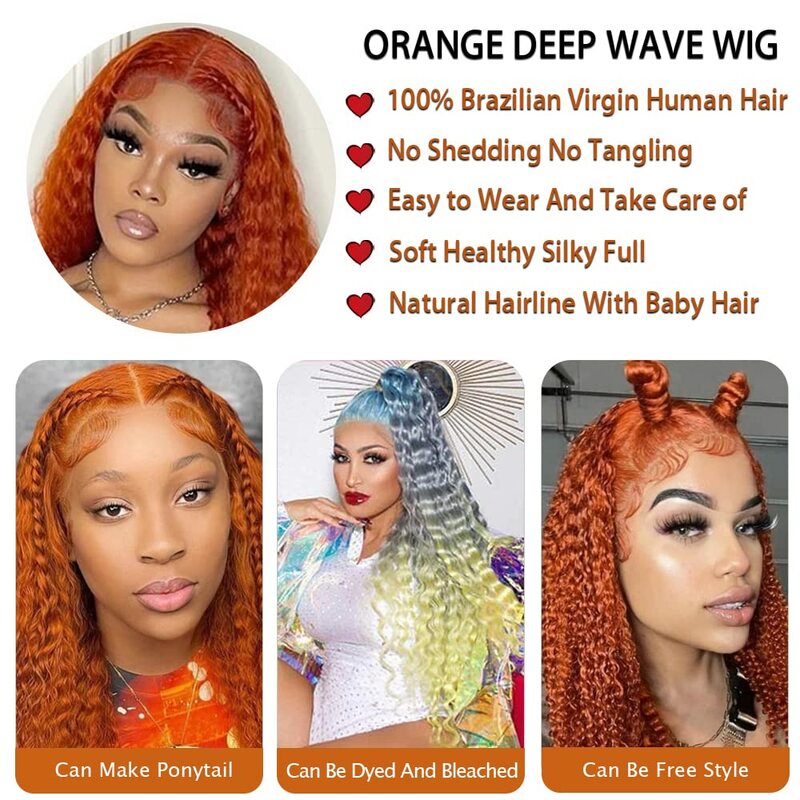 Wig rambut manusia depan renda oranye jahe Gratis Bagian 133 jahe oranye gelombang dalam rambut manusia Brasil dengan rambut bayi