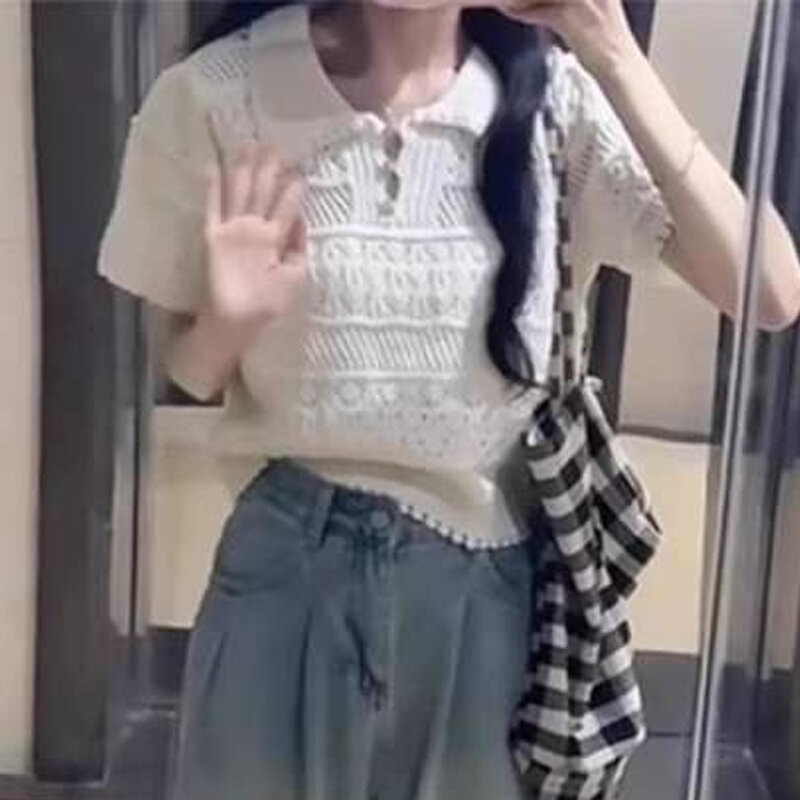Женская летняя рубашка-поло с коротким рукавом, повседневные пуловеры в стиле пэчворк на пуговицах, элегантные Ажурные топы