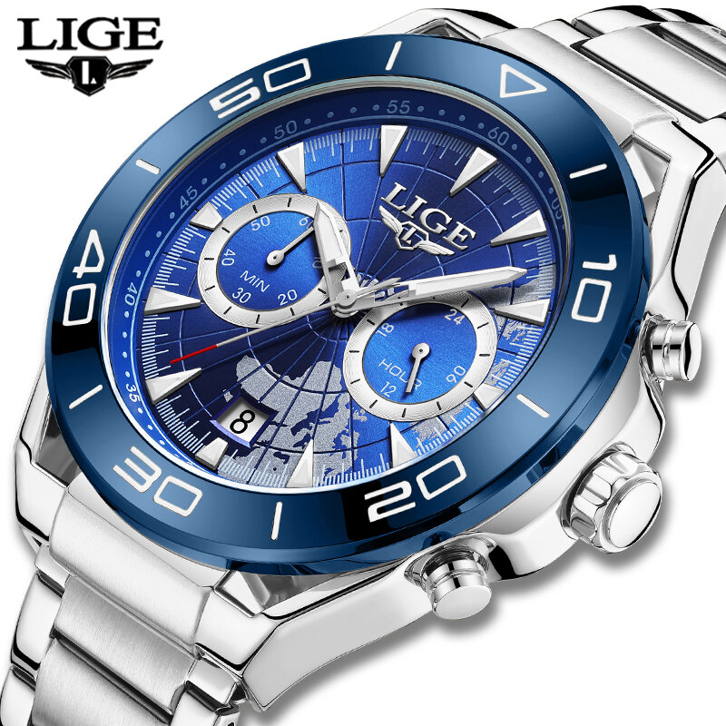 LIGE 남성용 스테인리스 스틸 시계, 스포츠 날짜, 방수 쿼츠 시계, 크로노그래프, Relogio Masculino, 최고 브랜드