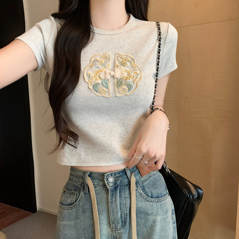 LKSK-Camiseta de manga corta con cuello redondo de estilo chino para mujer, Top corto ajustado para chica pequeña, dulce y picante, novedad de verano