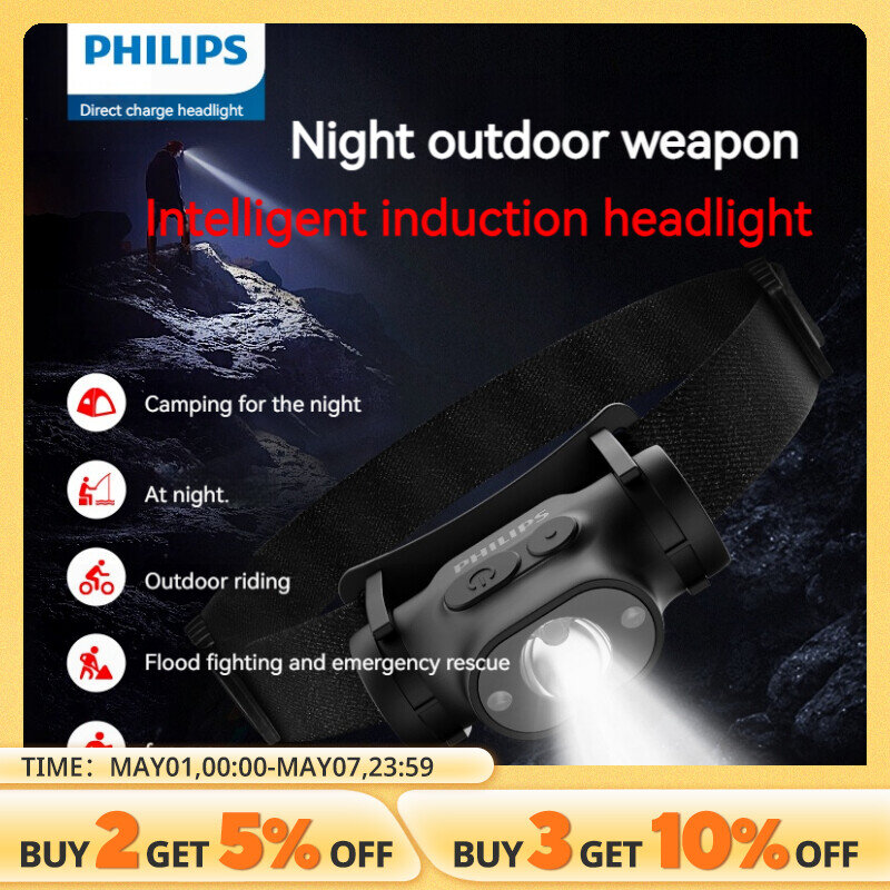 Philips-linterna frontal LED con Sensor, faro recargable tipo C para exteriores, Camping y pesca