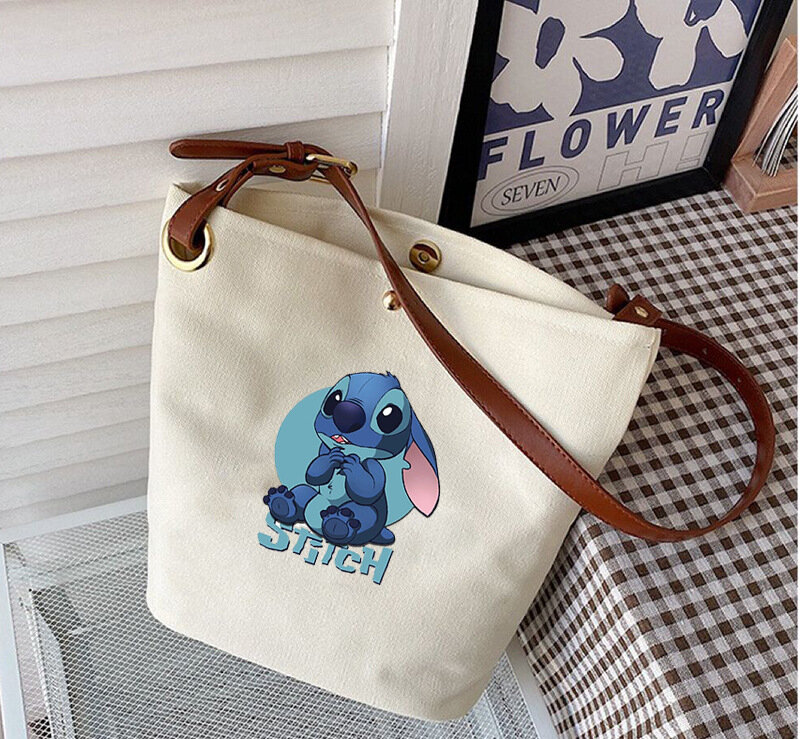 Disney Stitch tas kantong wanita, tas jinjing kanvas kasual kartun Lilo & Stitch lucu