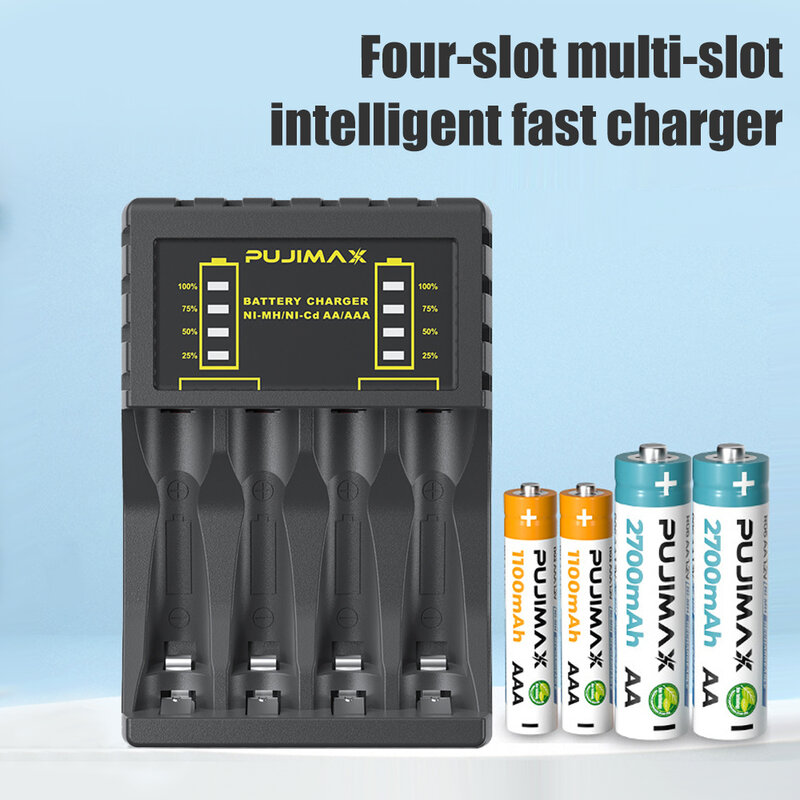 バッテリー充電器,4スロット,インテリジェント,1.2v,ニッケルaaa/aa用,充電式電池,USB,マイクロジャック