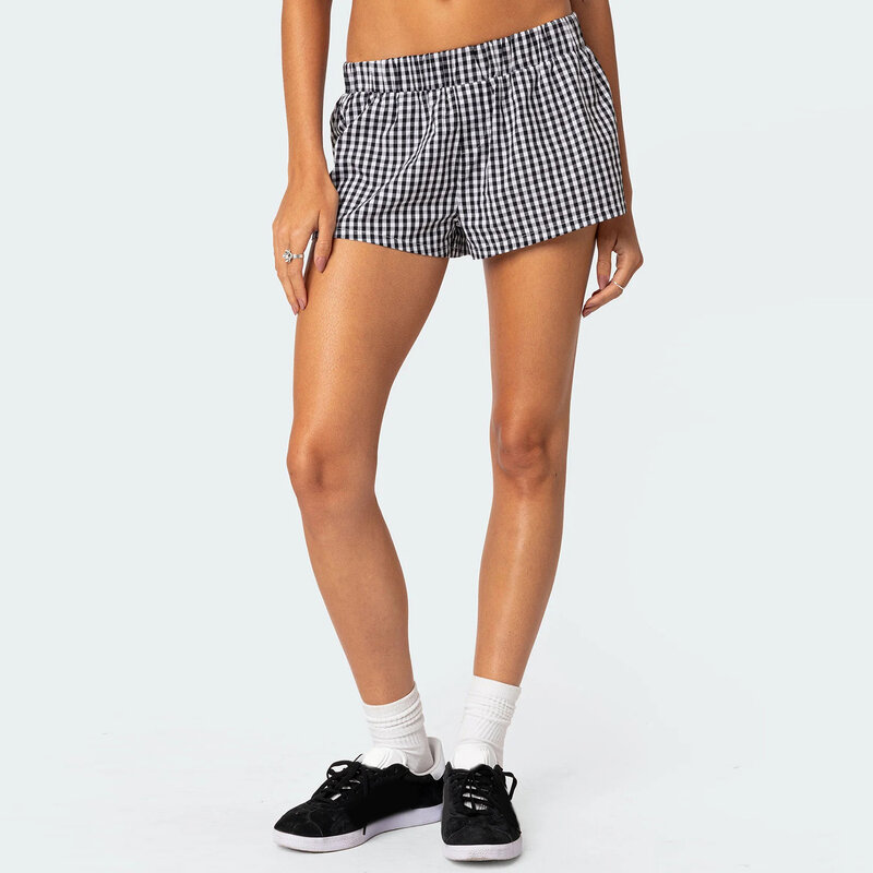 Women's Summer Casual Shorts Plaid Print Elastic Waist Loose Short Pants Pull On Lounge Shorts
