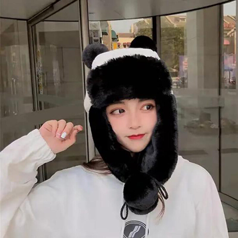 Warm Winter Cute Panda Bear Hat Trapper Caps Black White Hats Soft Plush Animal Helmet Cap Christmas New Year Gift Hat for Adult