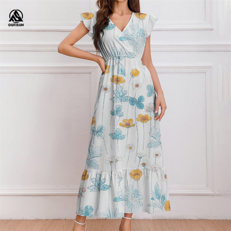 V넥 여성용 반팔 원피스, 캐주얼 롱 드레스, A 라인 스커트, 3D 분쇄 꽃 의류, 2024 신제품