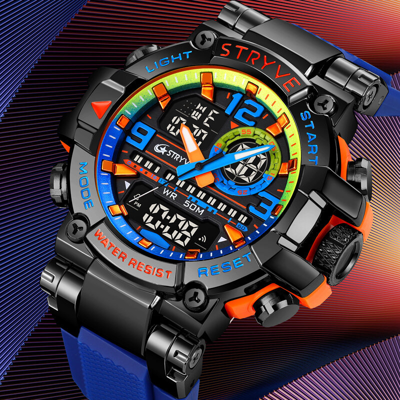 STRYVE-Relógio masculino de movimento duplo, alta qualidade, relógios digitais analógicos, 5ATM impermeável, moda esportiva, novo, 8025