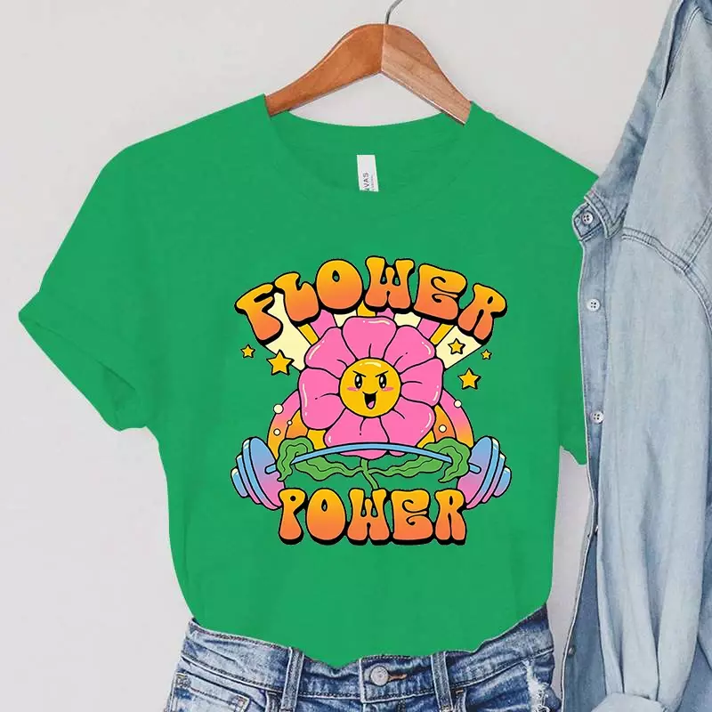 Power Van Bloemen Gedrukt T-shirt Harajuku Hip Hop Grappige Tee Vrouwen Streetwear Tshirt Top Voor Zoete Meisjes T-shirt Dames kleding
