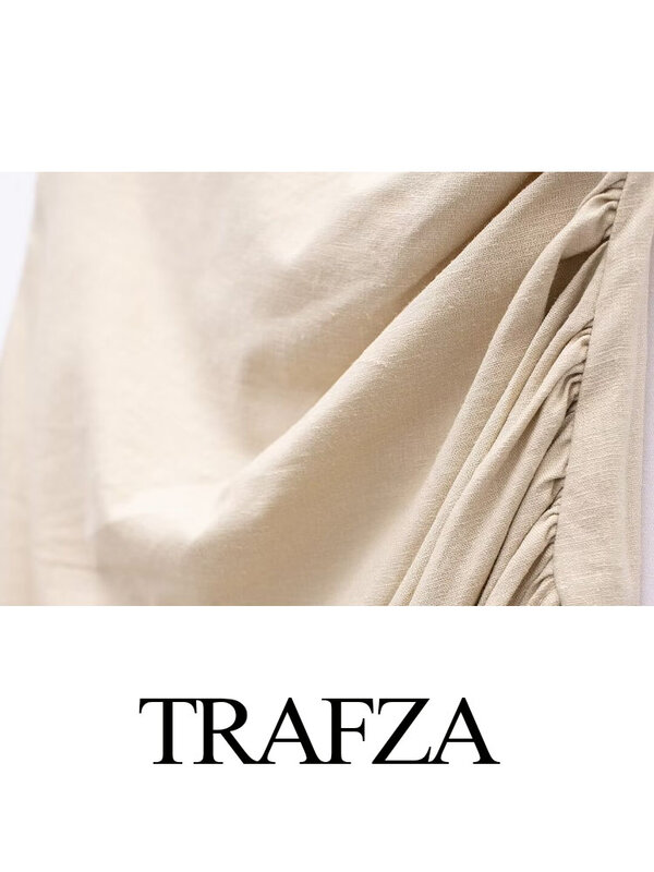 TRAFZA  Women Fashion Summer Elegant Solid Folds Sleeveless Dress 2024 Female Casual Backless Split Long All-Match Dresses Mujer