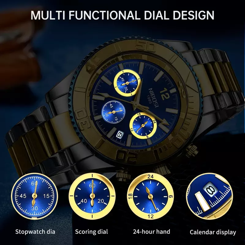 NIBOSI-캐주얼 스포츠 남성용 시계, 크로노그래프 스테인레스 다이버 손목시계, 큰 다이얼 쿼츠 시계, 야광