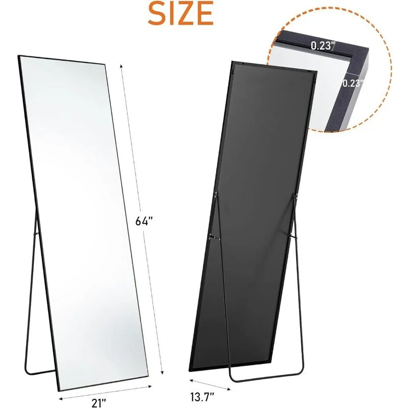 Полноразмерное зеркало с подставкой, 64 х21 дюйма, черное, с подвесной или наклонной стеной, алюминиевая тонкая рама, напольная стойка для гостиной